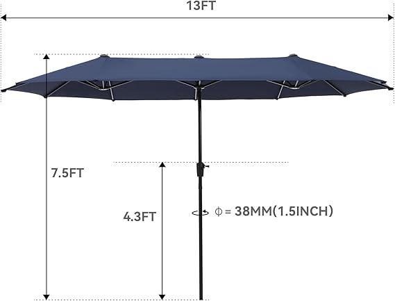 13ft Rectangle Patio Umbrella, Double Sided Outdoor Table Umbrella with Crank & 1.5" Pole, Large Market Umbrella for Poolside Garden Deck Backyard