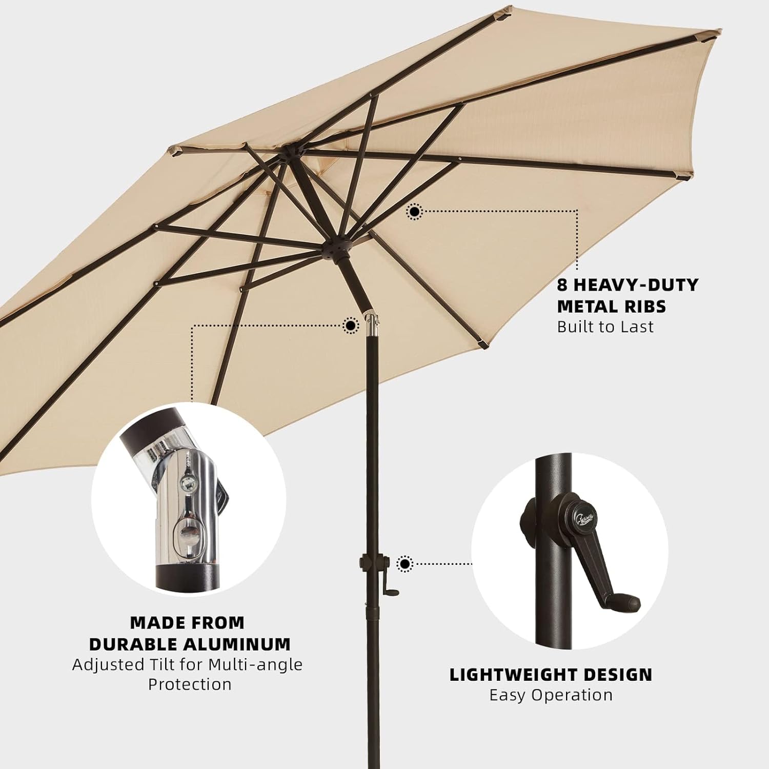 9 FT Patio Umbrellas Outdoor Umbrella Table Market Umbrella with 8 Sturdy Ribs, Push Button Tilt/Crank, Beige