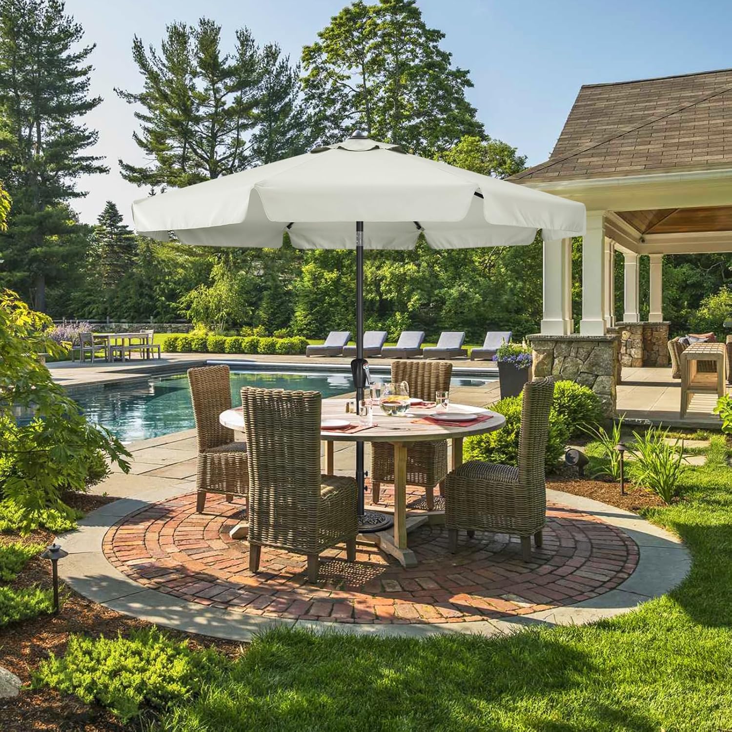 Patio Umbrella 9ft - Outdoor Table Umbrella with Push Button Tilt and Crank, 8 Ribs Umbrella for Patio Pool Garden Deck (Light Beige)