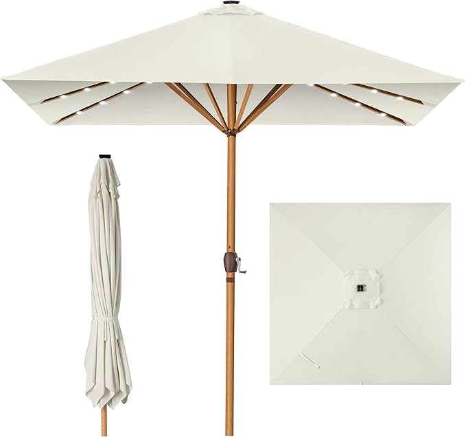 9ft Deep Square Solar Powered LED Lighted Patio Umbrella w/Faux Wood Texture, UV-Resistant Fabric, Hand Crank