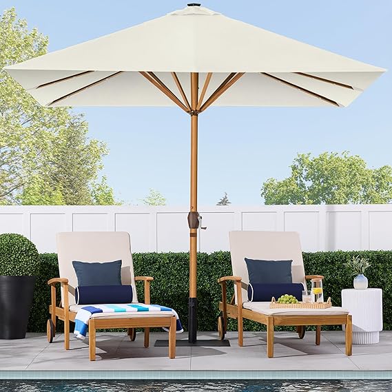 9ft Deep Square Solar Powered LED Lighted Patio Umbrella w/Faux Wood Texture, UV-Resistant Fabric, Hand Crank