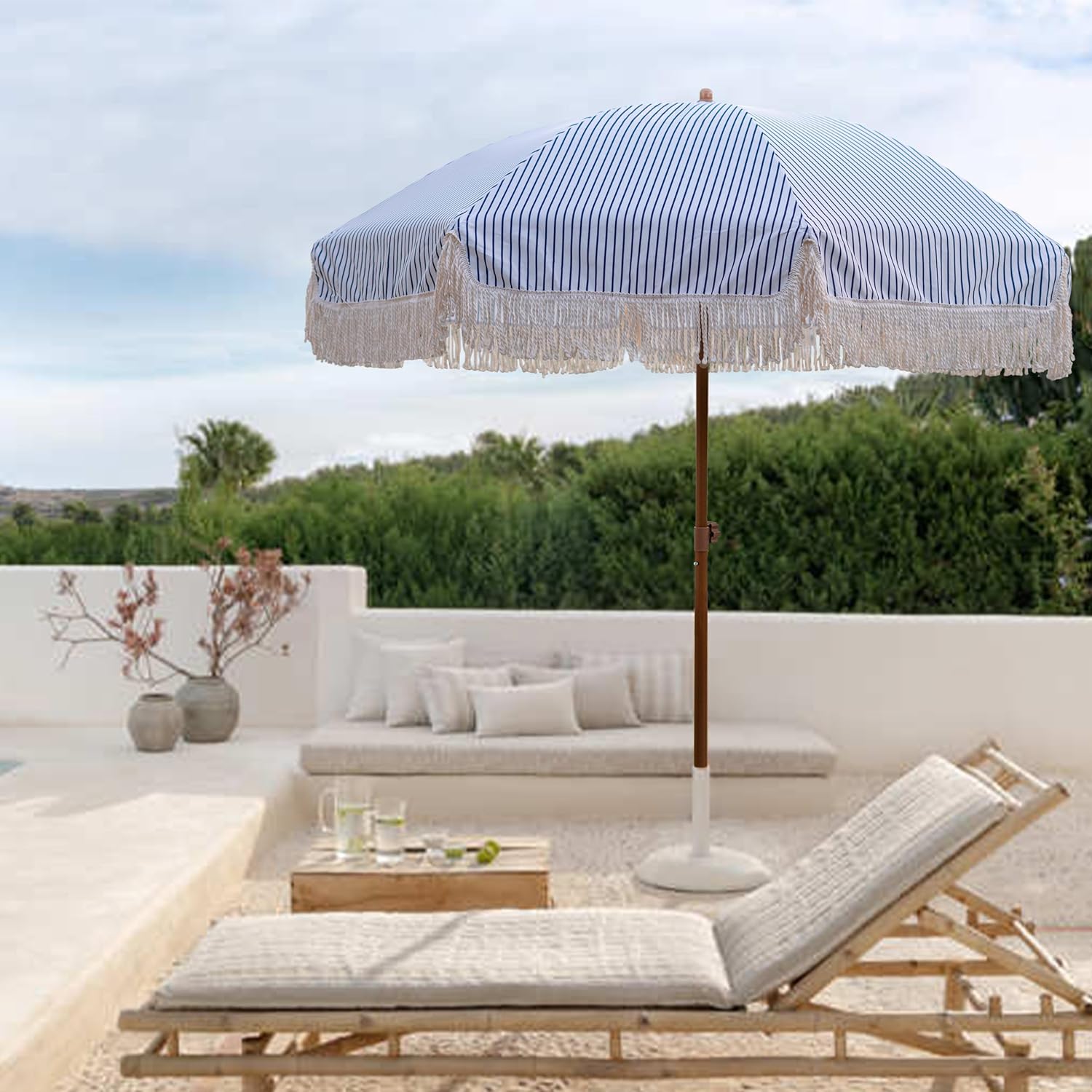 7ft Patio Umbrella with Fringe Outdoor Tassel Umbrella UPF50+ Premium Steel Pole and Ribs Push Button Tilt, Navy Blue Stripes