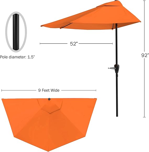 Half Umbrella Outdoor Patio Shade - 9 ft Patio Umbrella with Easy Crank - Small Canopy for Balcony, Table, or Deck (Dusty Green)