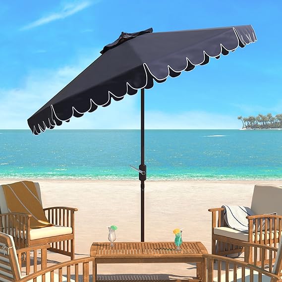 Navy and White Single Scallop 9Ft Crank Outdoor Push Button Tilt Umbrella
