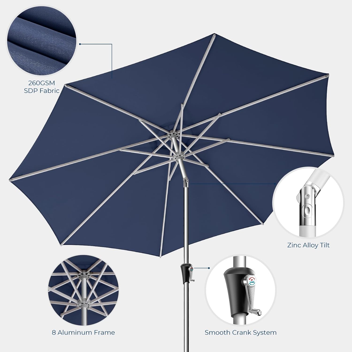 9ft Outdoor Patio Umbrella - Market Table Aluminum Umbrella, 5-Year Fade Resistant - UPF50+ UV Protection with Push Button Tilt, Crank for Pool Deck and Garden (Navy Blue)