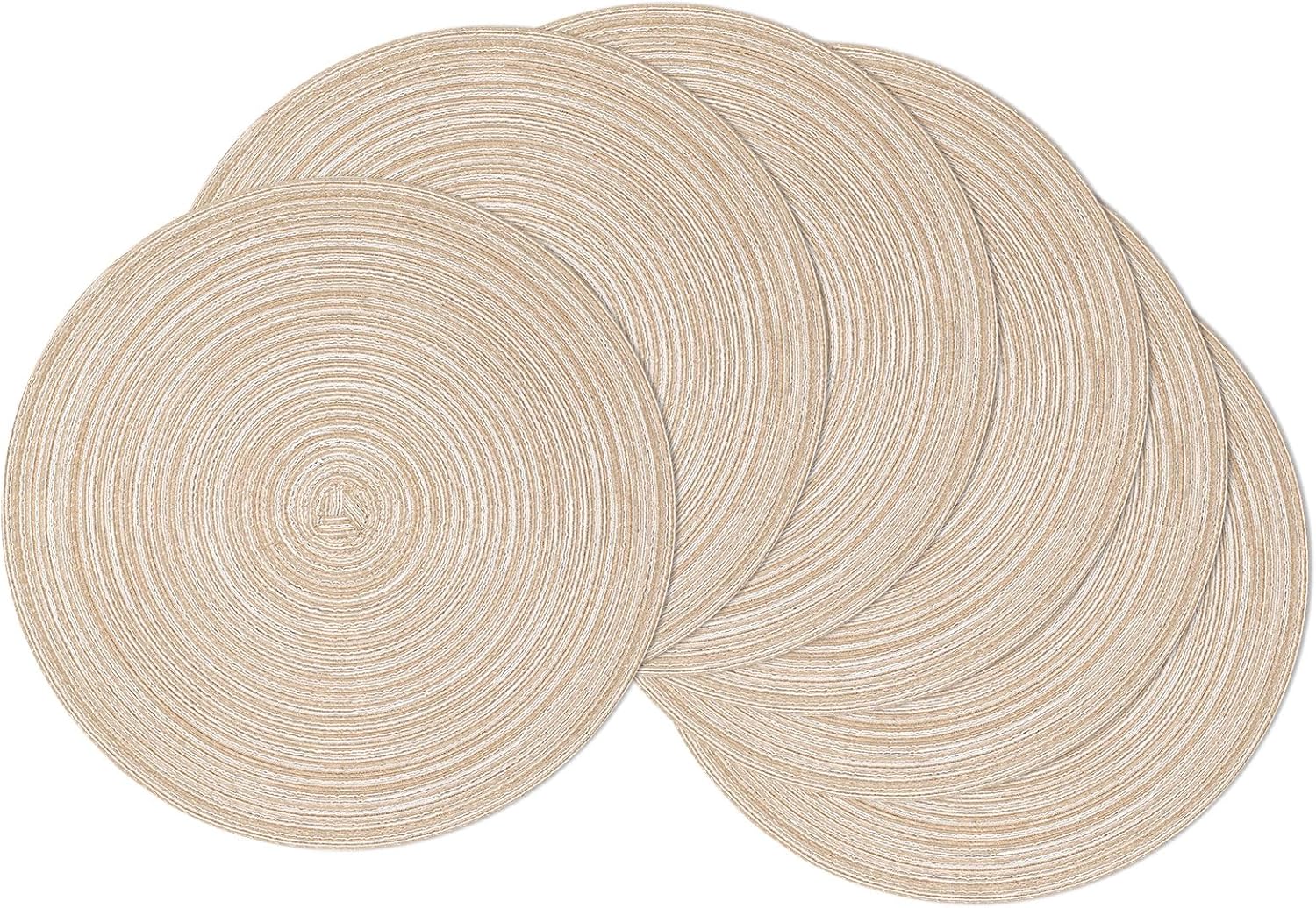 Round Braided Placemats Set of 6 Washable Cotton Polyester 15 inch Round Placemats for Kitchen Dining Table Decor Round Table Mats (Beige, 6)