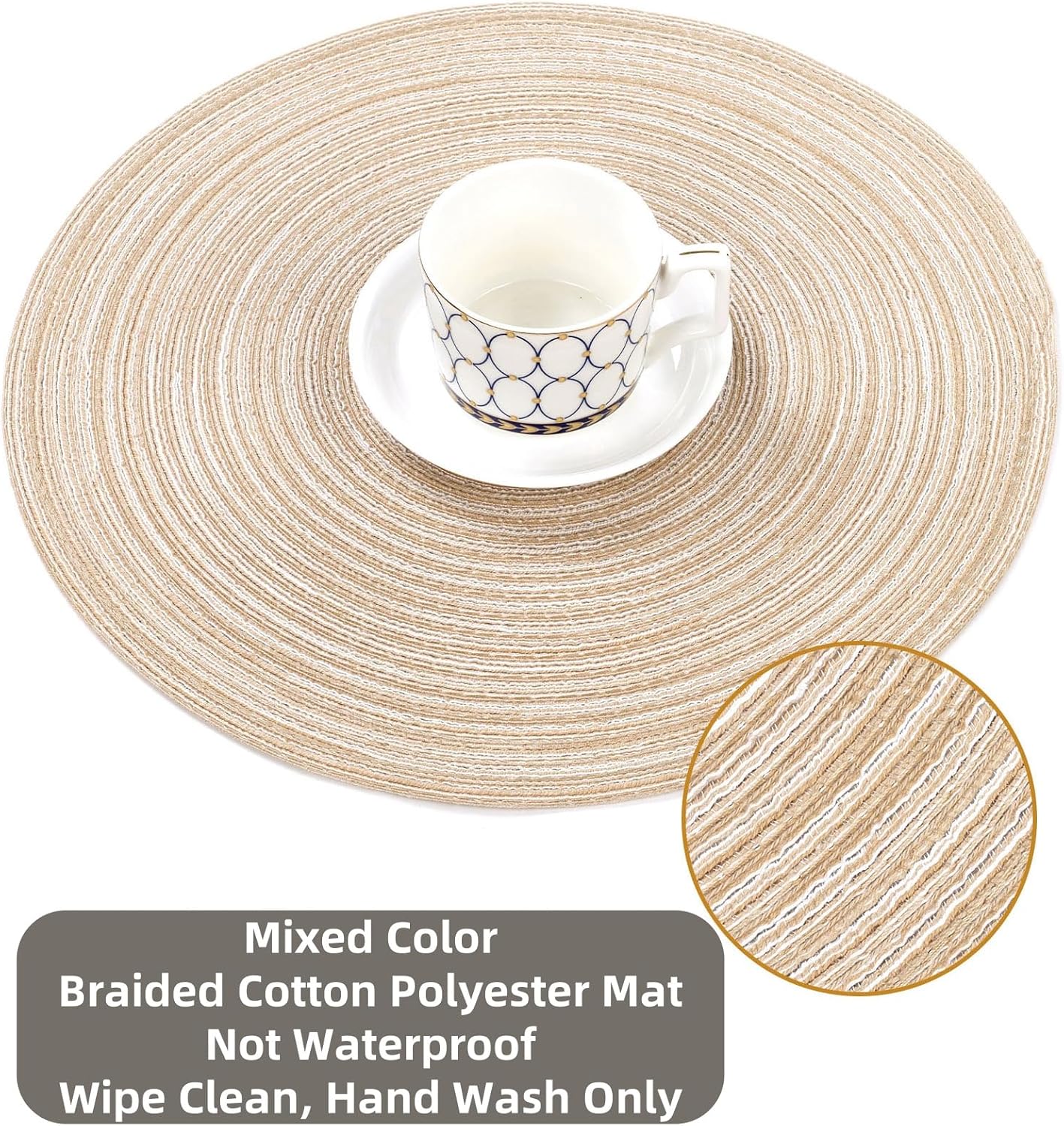 Round Braided Placemats Set of 6 Washable Cotton Polyester 15 inch Round Placemats for Kitchen Dining Table Decor Round Table Mats (Beige, 6)