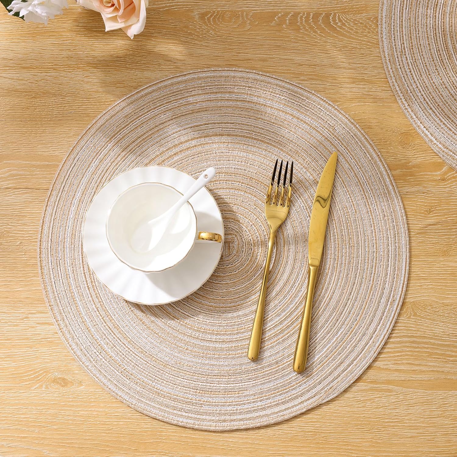 Round Braided Placemats Set of 6 Washable Cotton Polyester 15 inch Round Placemats for Kitchen Dining Table Decor Round Table Mats (Beige, 6)
