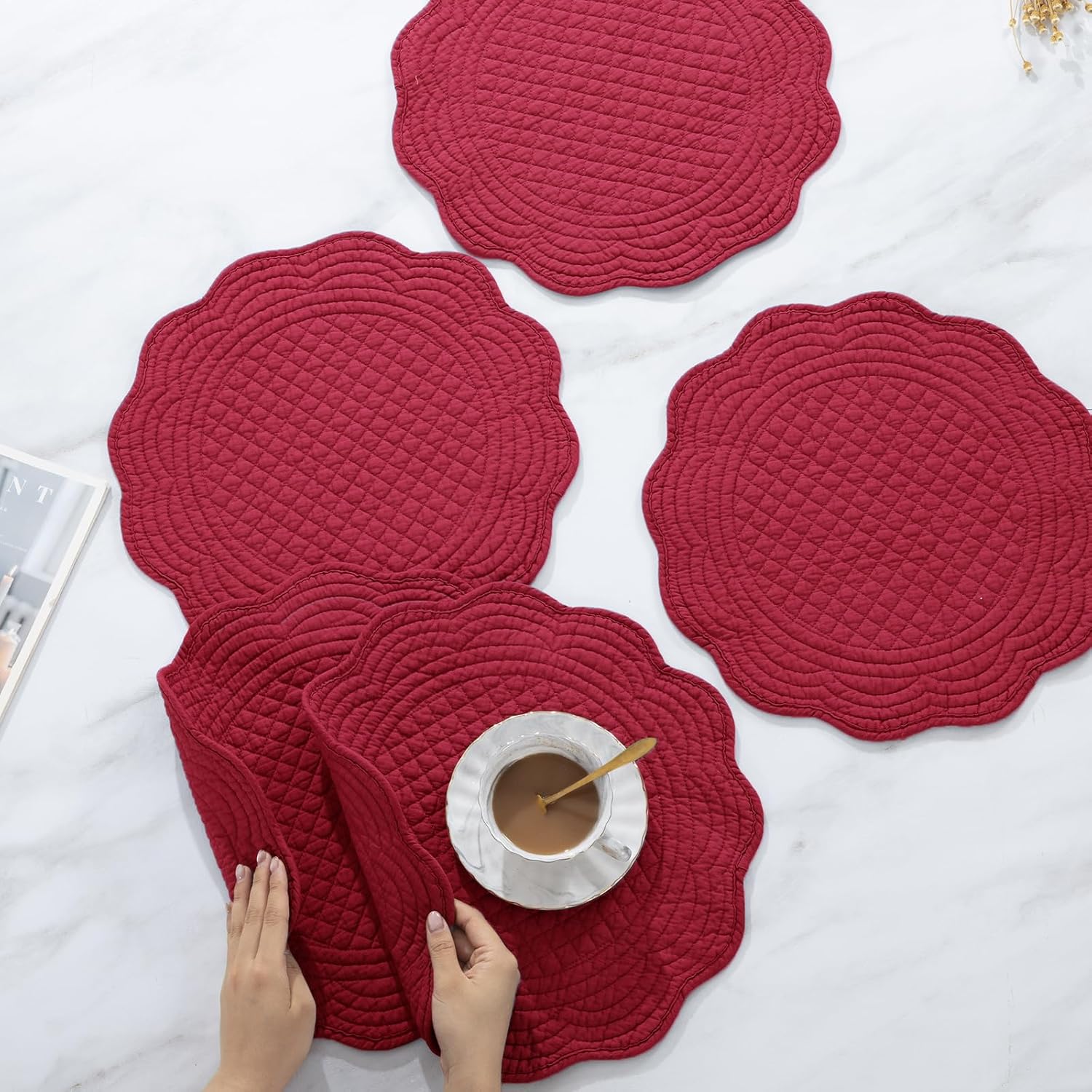 Quilted Placemats Set of 6 Washable Round Placemats for Kitchen Table-100% Cotton Fabric 13 Inch Round Table Mats (13"x13", Red)