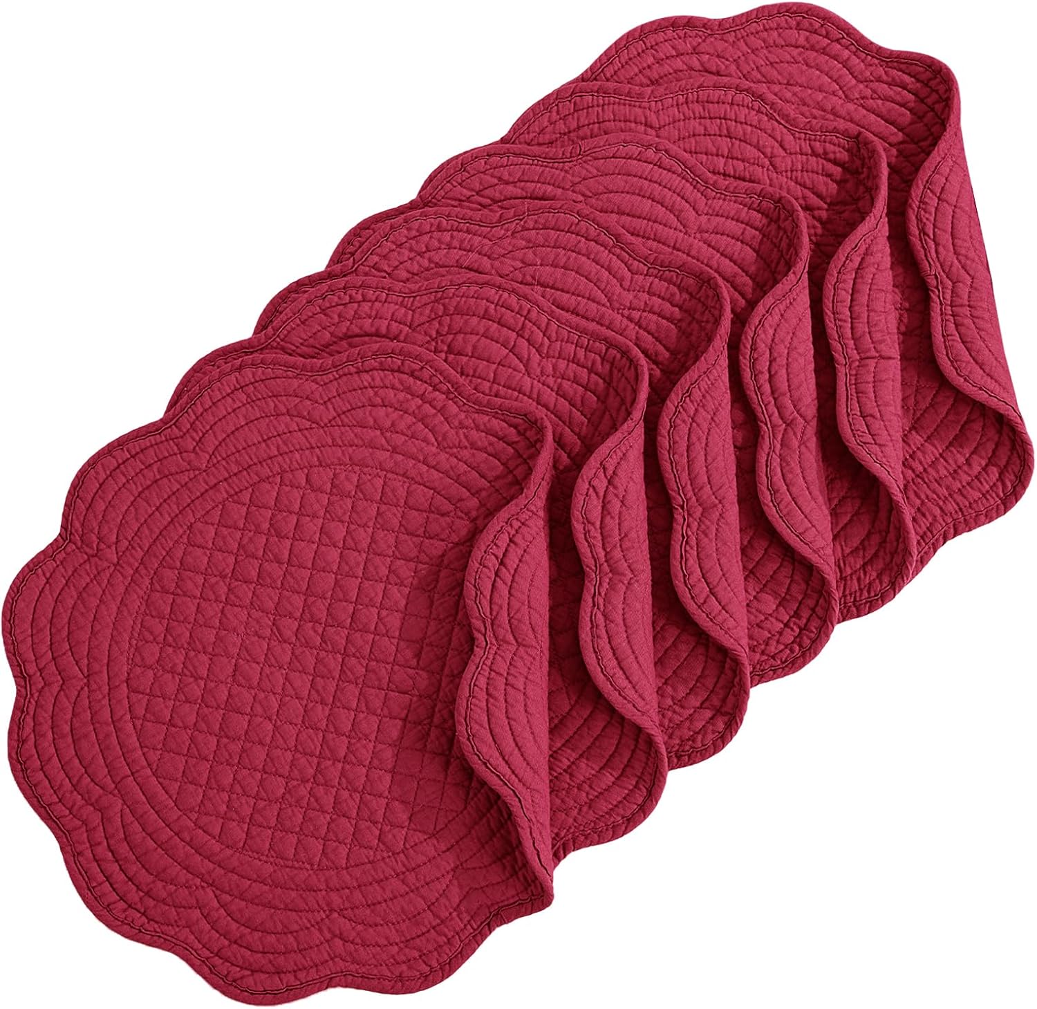 Quilted Placemats Set of 6 Washable Round Placemats for Kitchen Table-100% Cotton Fabric 13 Inch Round Table Mats (13"x13", Red)