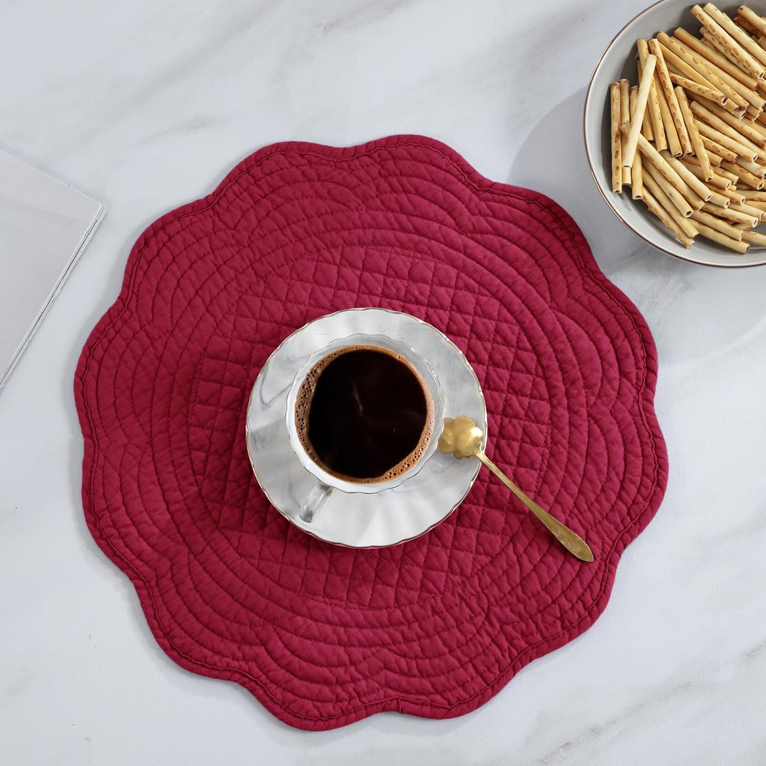 Quilted Placemats Set of 6 Washable Round Placemats for Kitchen Table-100% Cotton Fabric 13 Inch Round Table Mats (13"x13", Red)