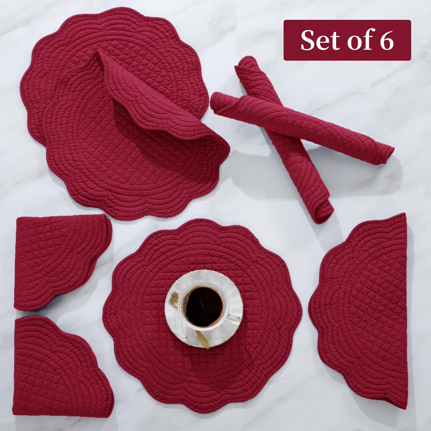 Quilted Placemats Set of 6 Washable Round Placemats for Kitchen Table-100% Cotton Fabric 13 Inch Round Table Mats (13"x13", Red)