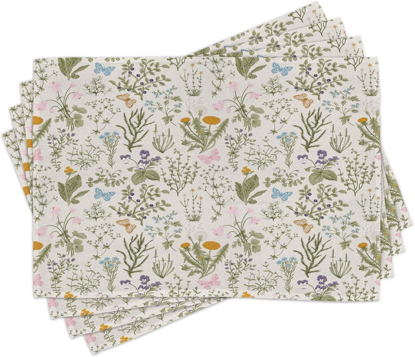Floral Place Mats Set of 4, Vintage Garden Plants Herbs Flowers Botanical Classic Design Art, Washable Fabric Placemats for Dining Table, Standard Size, Reseda Green Beige