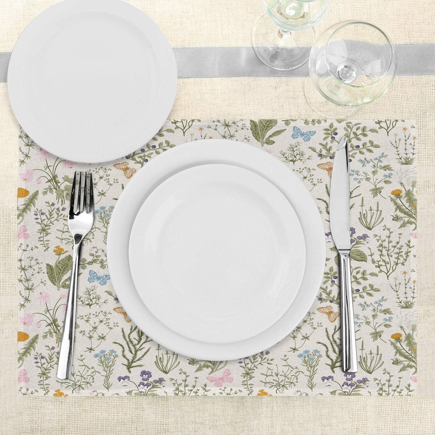Floral Place Mats Set of 4, Vintage Garden Plants Herbs Flowers Botanical Classic Design Art, Washable Fabric Placemats for Dining Table, Standard Size, Reseda Green Beige