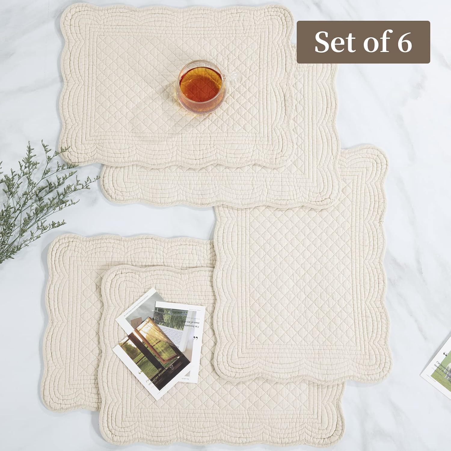 Quilted Placemats Set of 6 Washable-13x18 inches Rectangular Placemats for Kitchen Table-100% Cotton Fabric Rectangular Table Mats-Cotton (18"x13", Flax)
