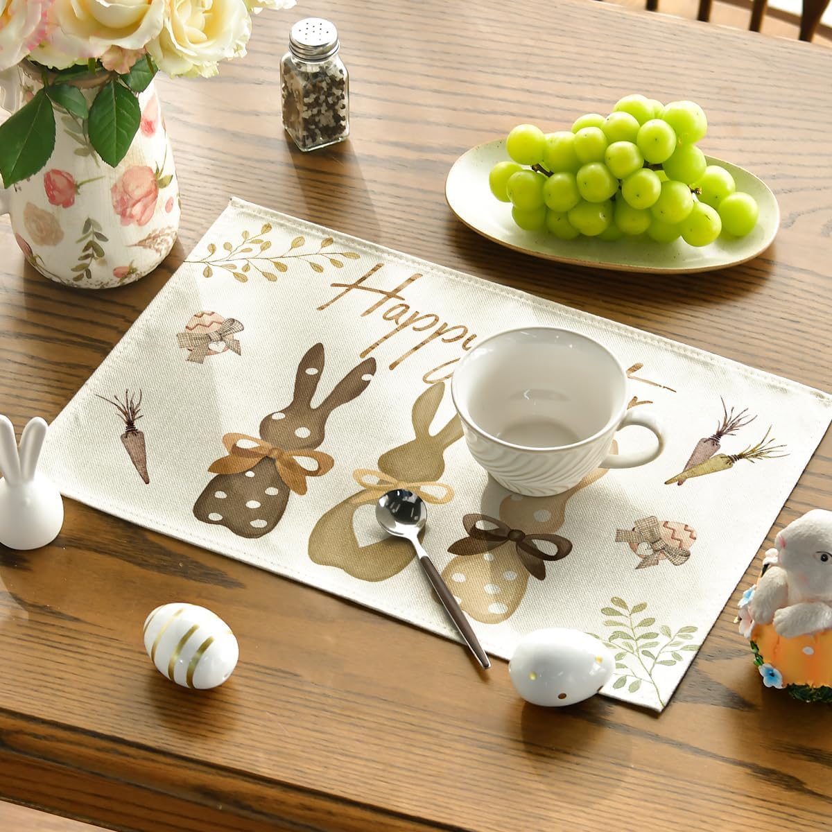 Carrots Rabbit Bunny Happy Easter Placemats for Dining Table, 12 x 18 Inch Spring Seasonal Holiday Decoration Rustic Vintage Washable Table Mats Set of 4
