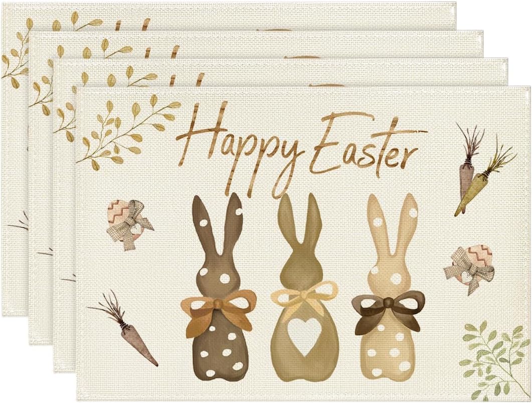Carrots Rabbit Bunny Happy Easter Placemats for Dining Table, 12 x 18 Inch Spring Seasonal Holiday Decoration Rustic Vintage Washable Table Mats Set of 4