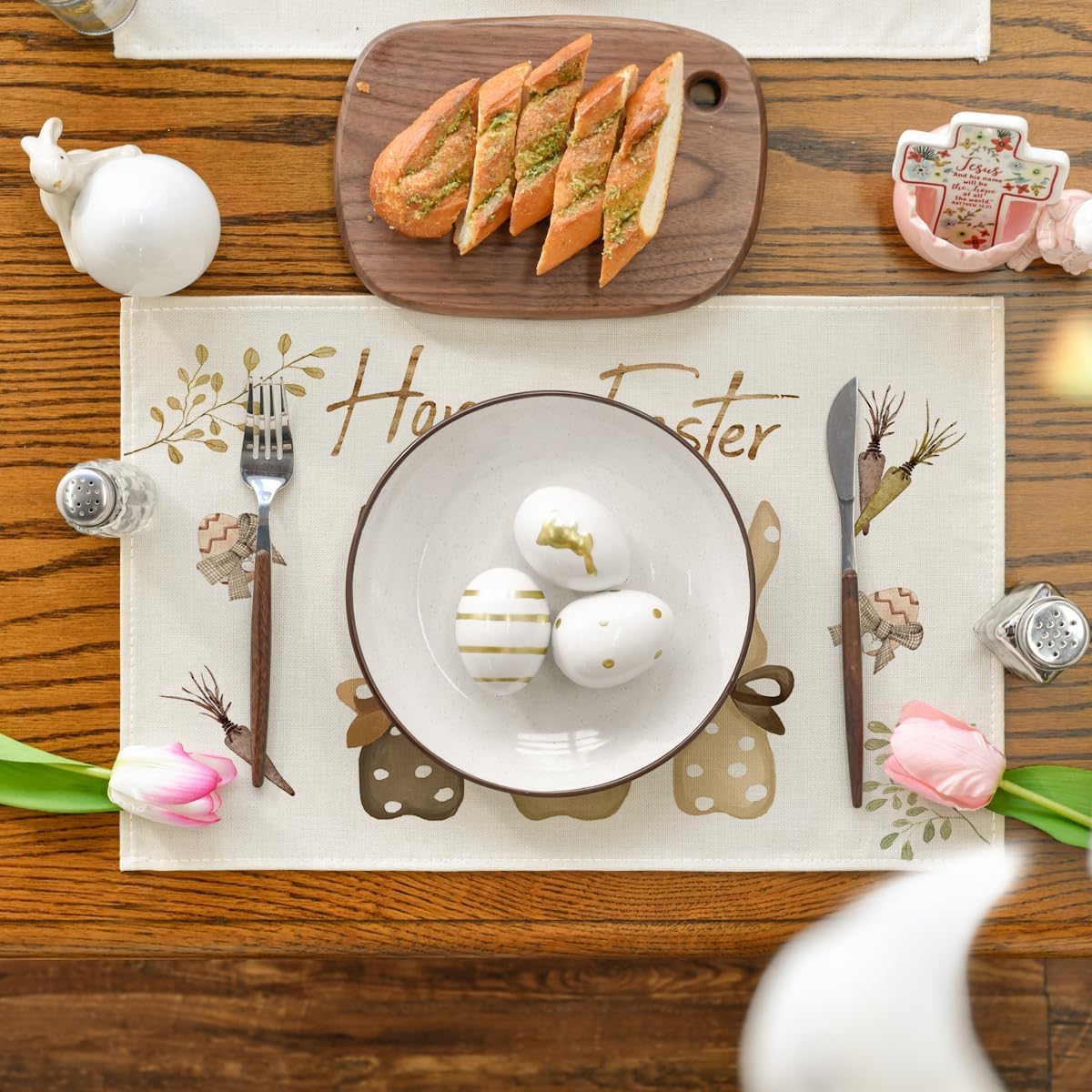 Carrots Rabbit Bunny Happy Easter Placemats for Dining Table, 12 x 18 Inch Spring Seasonal Holiday Decoration Rustic Vintage Washable Table Mats Set of 4