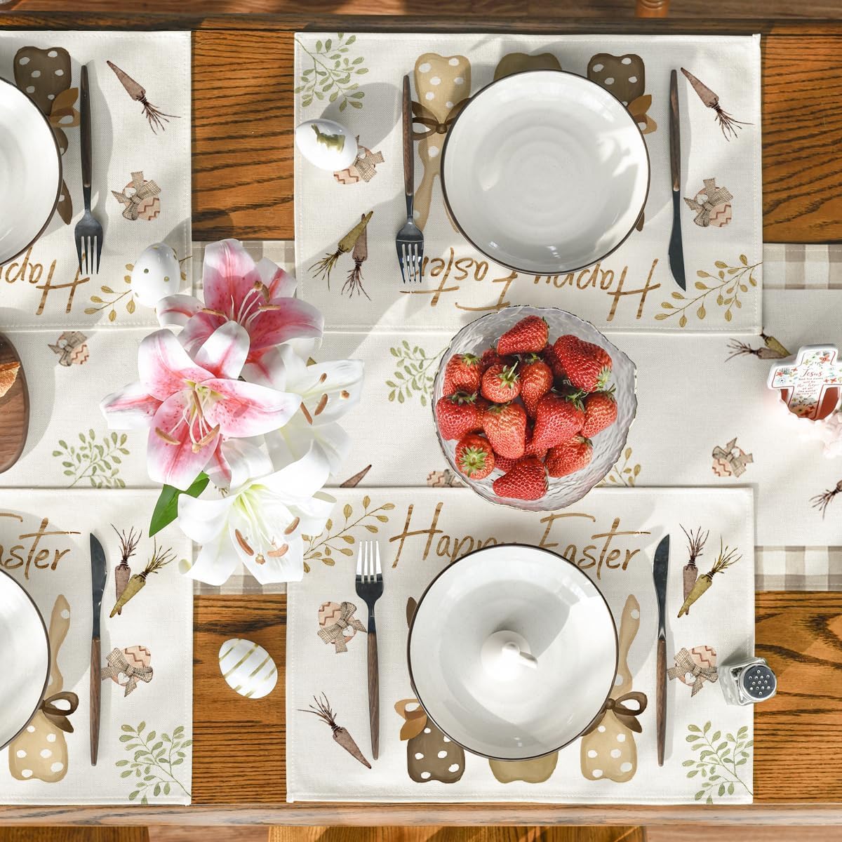 Carrots Rabbit Bunny Happy Easter Placemats for Dining Table, 12 x 18 Inch Spring Seasonal Holiday Decoration Rustic Vintage Washable Table Mats Set of 4