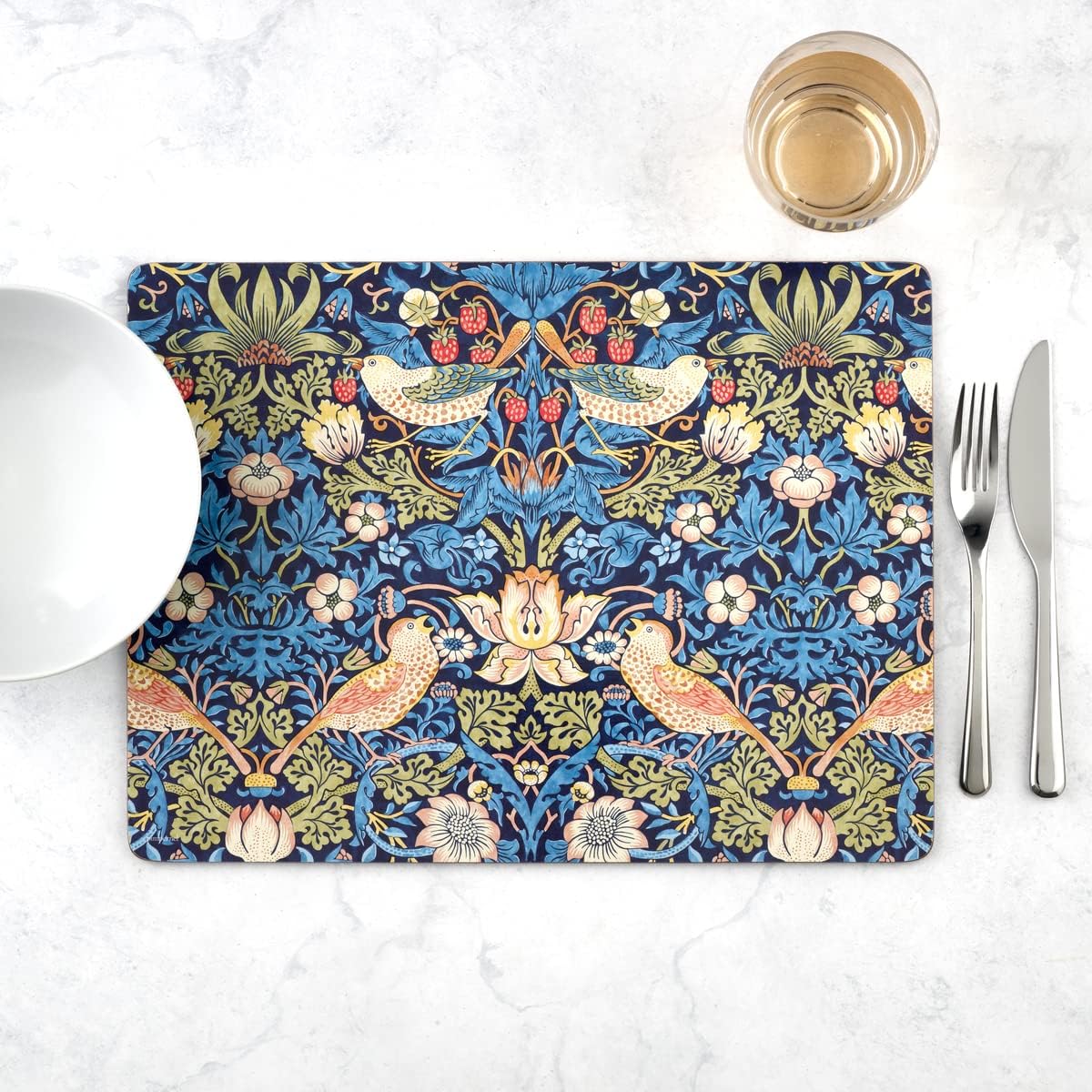 Strawberry Thief Blue Collection Placemats | Set of 4 | Heat Resistant Mats | Cork-Backed Board | Hard Placemat Set for Dining Table | Measures 15.7” x 11.7”