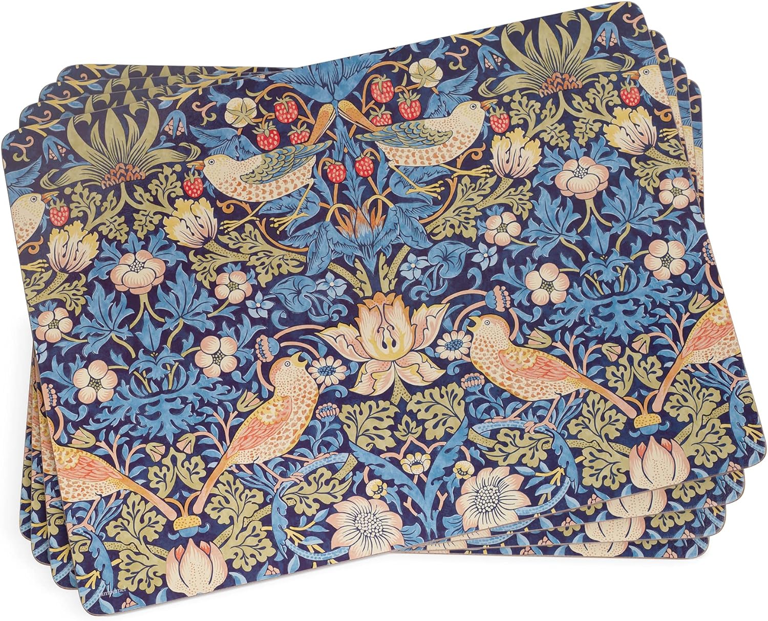 Strawberry Thief Blue Collection Placemats | Set of 4 | Heat Resistant Mats | Cork-Backed Board | Hard Placemat Set for Dining Table | Measures 15.7” x 11.7”