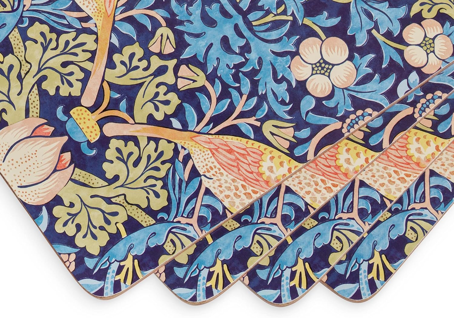 Strawberry Thief Blue Collection Placemats | Set of 4 | Heat Resistant Mats | Cork-Backed Board | Hard Placemat Set for Dining Table | Measures 15.7” x 11.7”