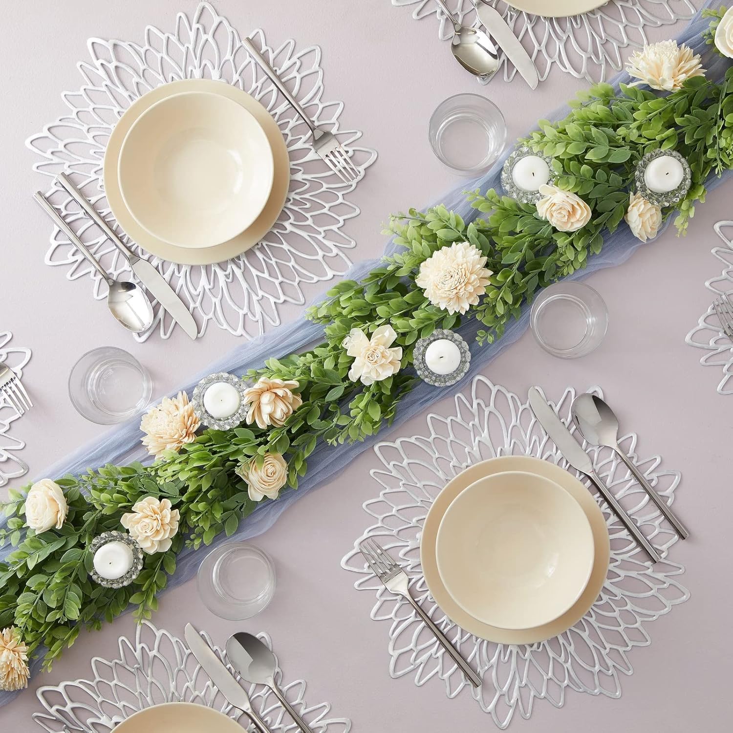 10 Pack Silver Metallic Vinyl Placemats for Christmas, Thanksgiving, Leaf Design (14.4 in)