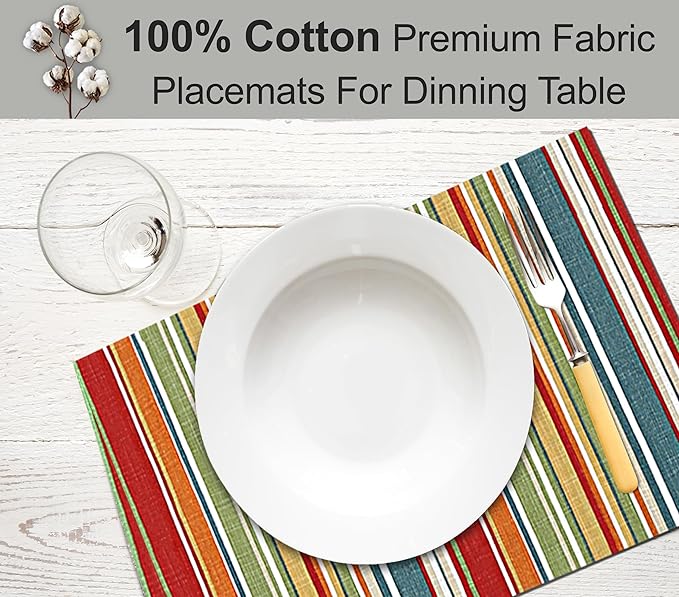 Placemats 100% Cotton 13x19 Inch, Dining Table Placemats Set of 6, Modern Place Mats for Dining Table Decor, Kitchen & Table Linens, Coffee Mat for Christmas Dinners - Multi Stripe