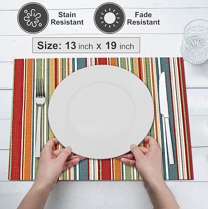Placemats 100% Cotton 13x19 Inch, Dining Table Placemats Set of 6, Modern Place Mats for Dining Table Decor, Kitchen & Table Linens, Coffee Mat for Christmas Dinners - Multi Stripe