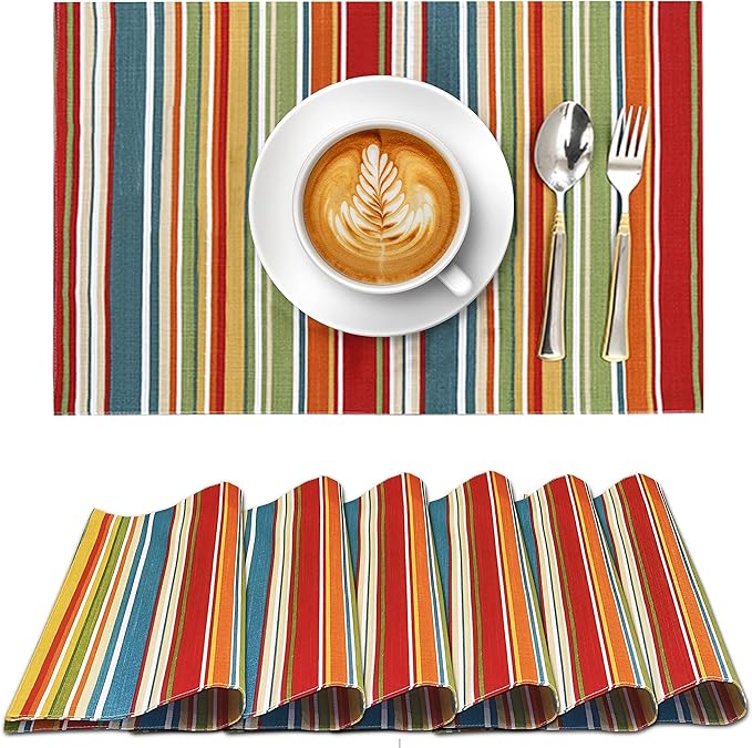 Placemats 100% Cotton 13x19 Inch, Dining Table Placemats Set of 6, Modern Place Mats for Dining Table Decor, Kitchen & Table Linens, Coffee Mat for Christmas Dinners - Multi Stripe