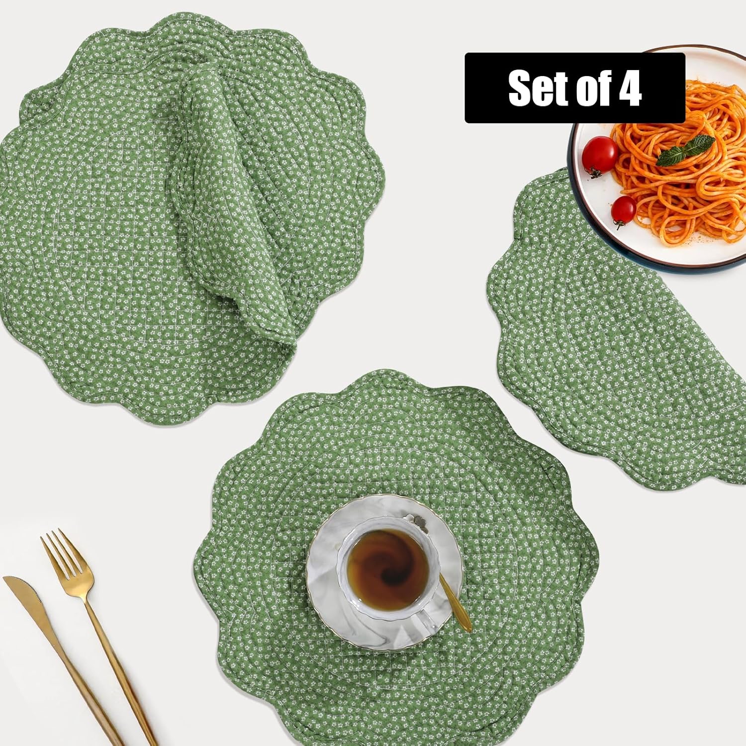 Quilted Placemats Set of 4 Washable Round Placemats for Kitchen Table-100% Cotton Fabric Round Table Mats, (Green with White Flower)