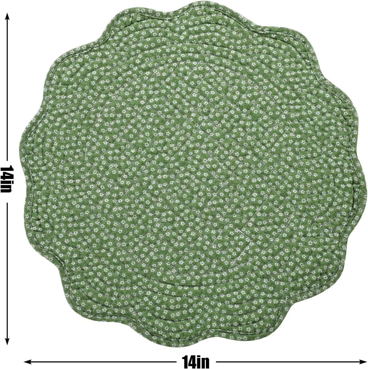 Quilted Placemats Set of 4 Washable Round Placemats for Kitchen Table-100% Cotton Fabric Round Table Mats, (Green with White Flower)