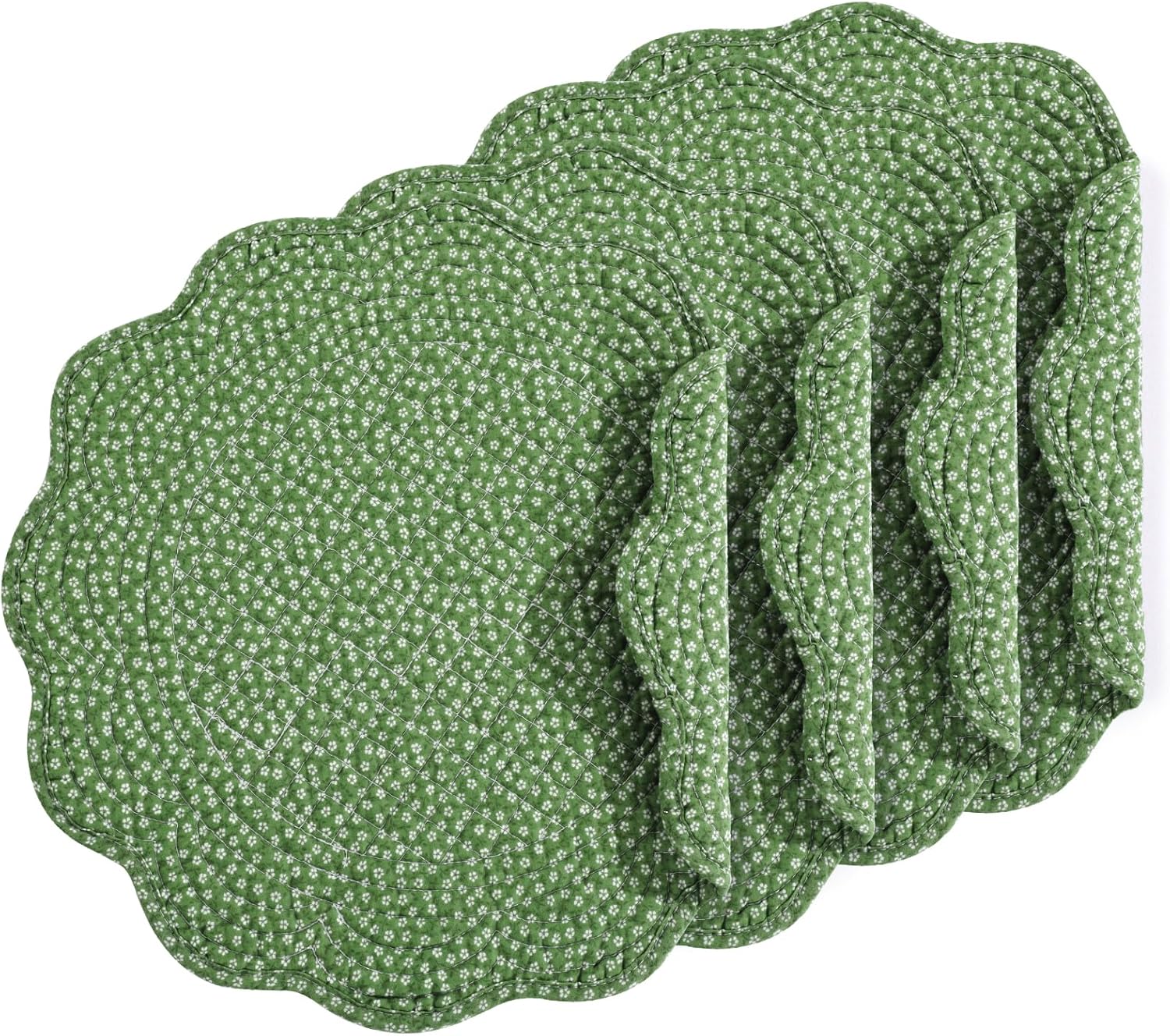 Quilted Placemats Set of 4 Washable Round Placemats for Kitchen Table-100% Cotton Fabric Round Table Mats, (Green with White Flower)