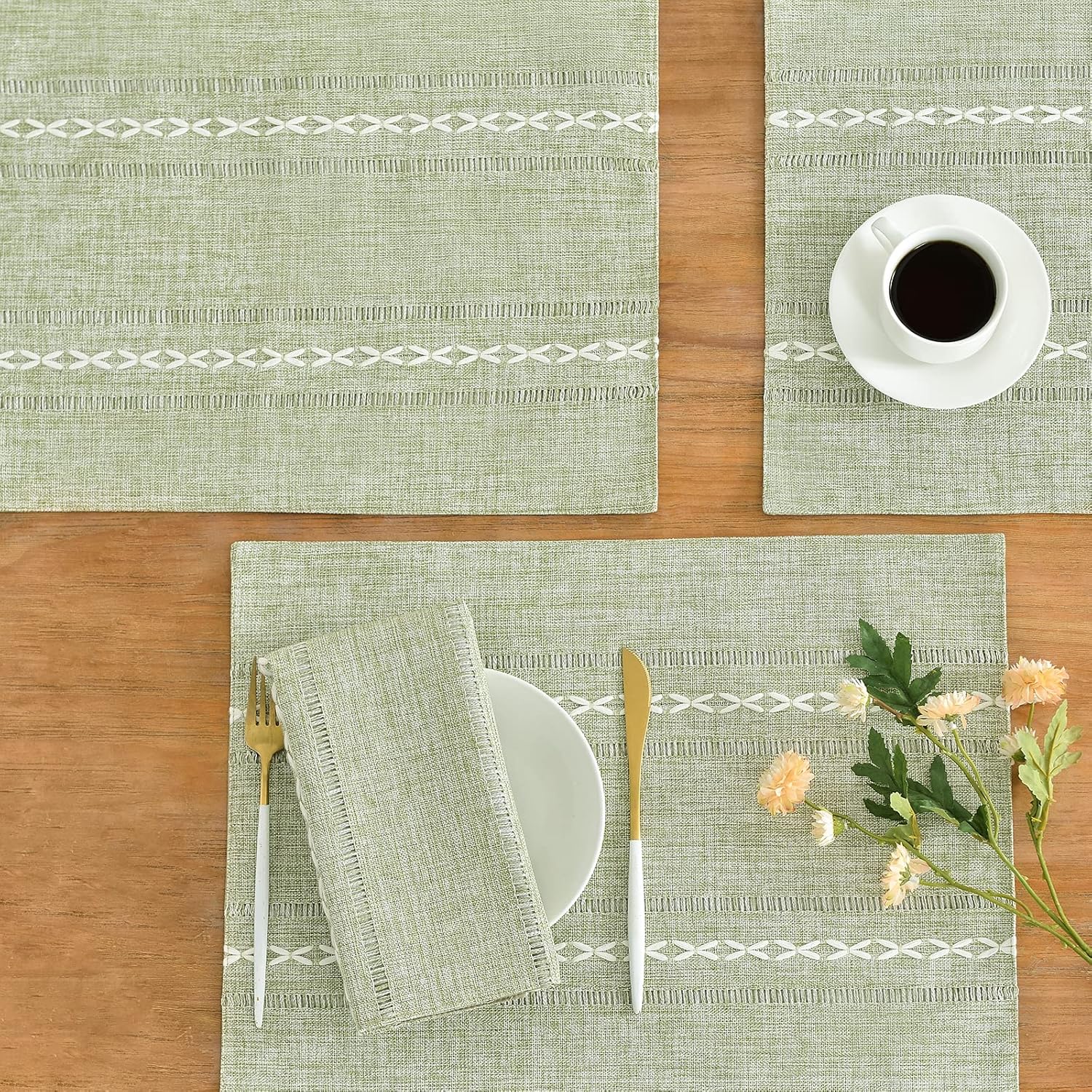 Cotton Linen Placemats, 12 x 18 Inch Set of 4 Fete Placemats Rustic Hemstitch Place Mats for Kitchen Table and Heat Resistant-Sage Green