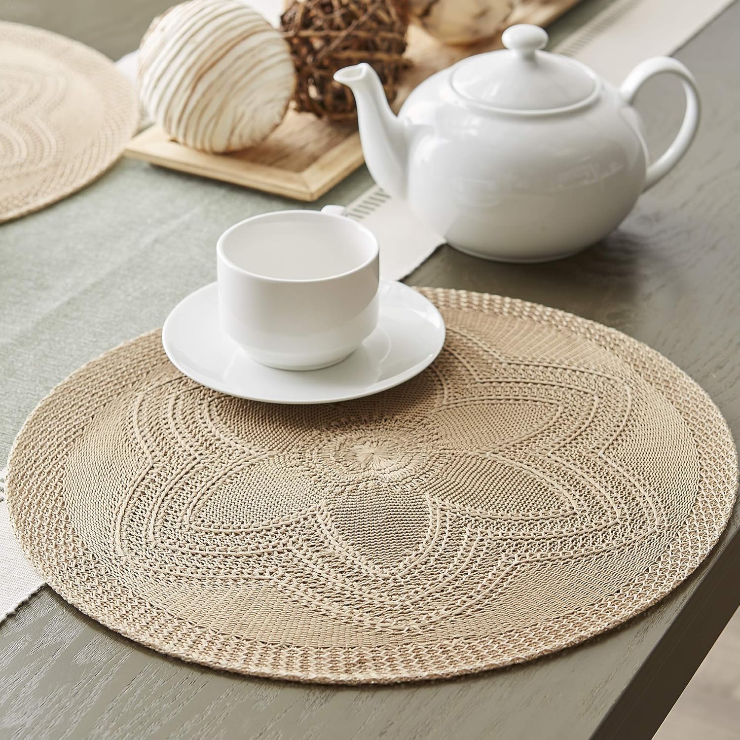 Round Braided Floral Placemat Set, 15", Stone, 6 Piece