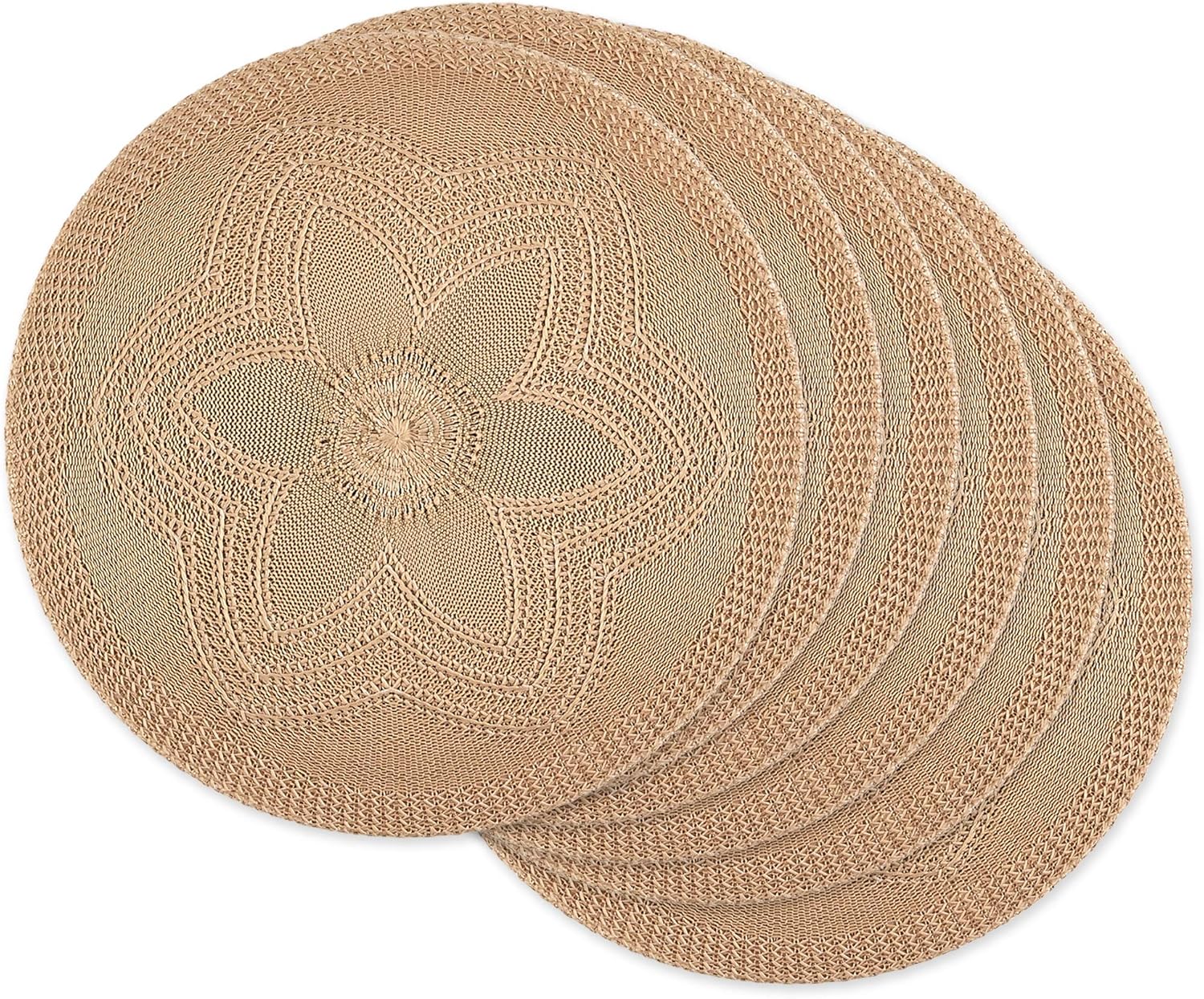 Round Braided Floral Placemat Set, 15", Stone, 6 Piece