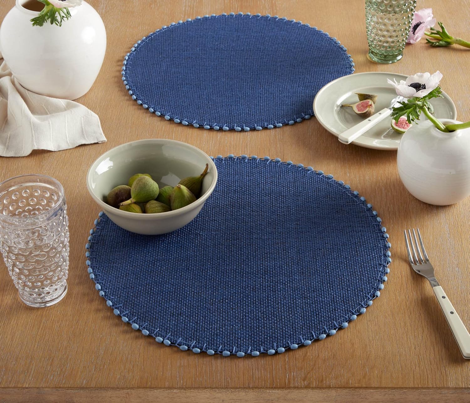 Woven Water Resistant Lindos Placemat Set 6-Pack, 15" Round, Navy Blue