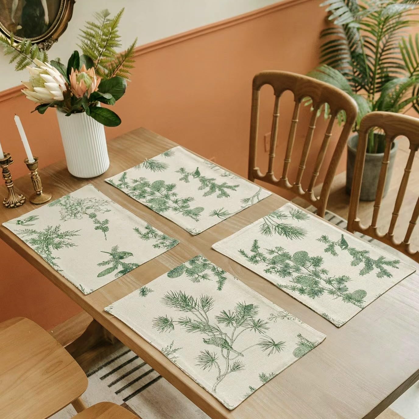 Placemats Set of 4 for Dining Table, 12 x 18 Inch Two Layers Pine Cone for Kitchen Decoration Cabin Holiday Rustic Vintage Elegant Washable Rectangular Table Place Mats (Green on Tan)