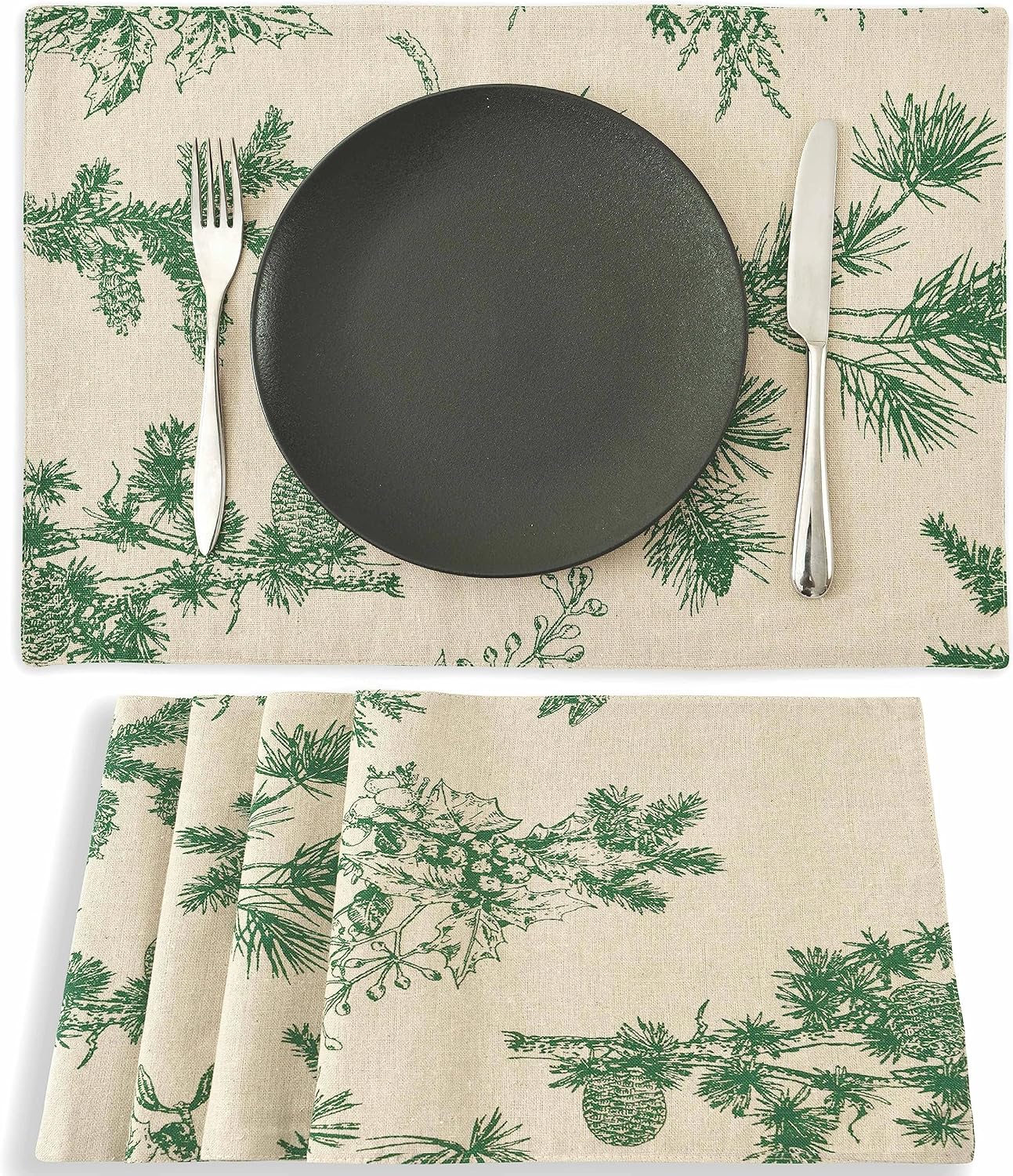 Placemats Set of 4 for Dining Table, 12 x 18 Inch Two Layers Pine Cone for Kitchen Decoration Cabin Holiday Rustic Vintage Elegant Washable Rectangular Table Place Mats (Green on Tan)