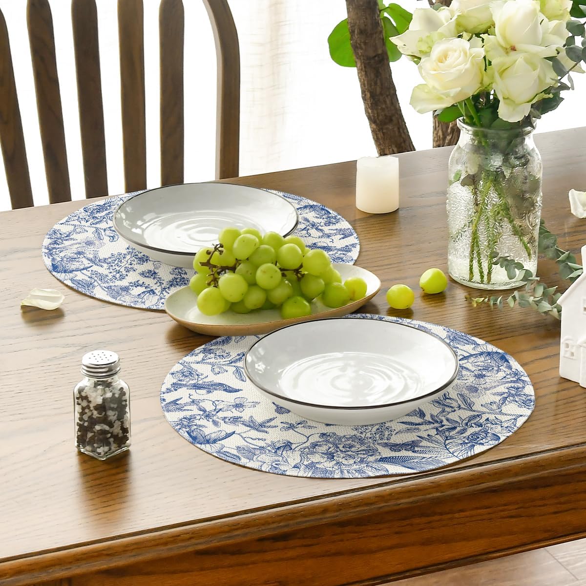 Watercolor Flowers Branches Chinoiserie Spring Placemats Set of 4, 14 Inch Round Table Mats for Dining Decoration