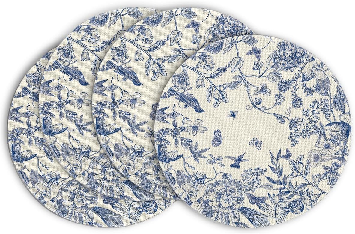 Watercolor Flowers Branches Chinoiserie Spring Placemats Set of 4, 14 Inch Round Table Mats for Dining Decoration