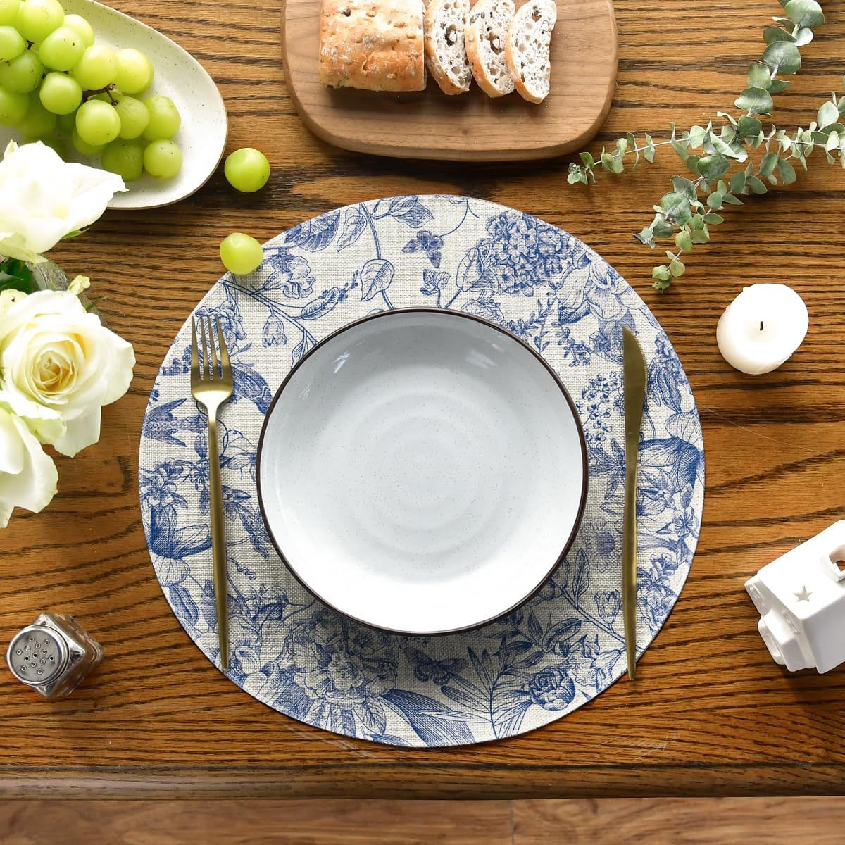 Watercolor Flowers Branches Chinoiserie Spring Placemats Set of 4, 14 Inch Round Table Mats for Dining Decoration