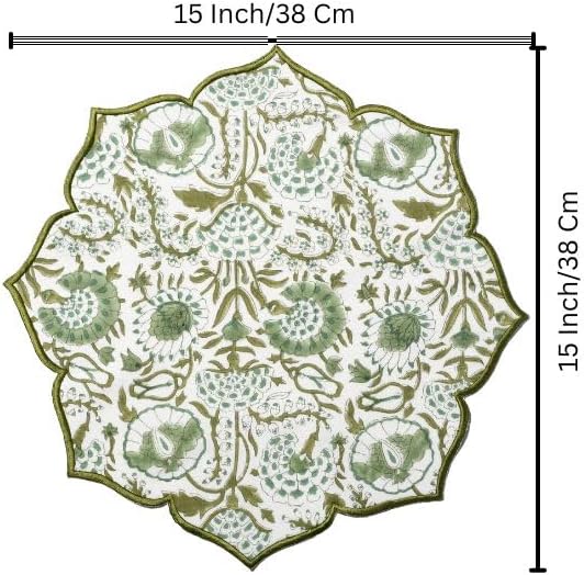 Placemats Set of 4-Handmade Block Printed Double Layered, Machine Washable, Flower Scalloped & Embroidered Cloth Table Mats - Thanksgiving Mat 15 x 15 inch, Agate Green