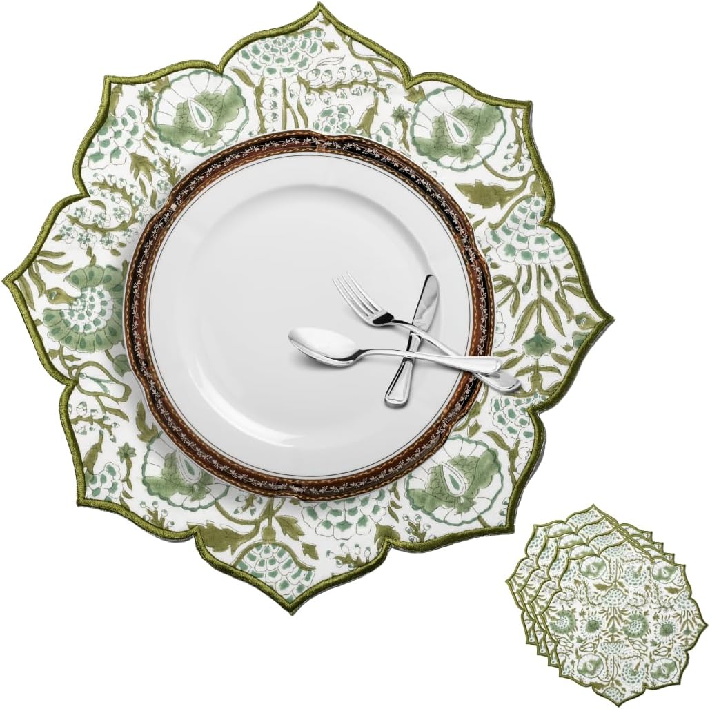 Placemats Set of 4-Handmade Block Printed Double Layered, Machine Washable, Flower Scalloped & Embroidered Cloth Table Mats - Thanksgiving Mat 15 x 15 inch, Agate Green