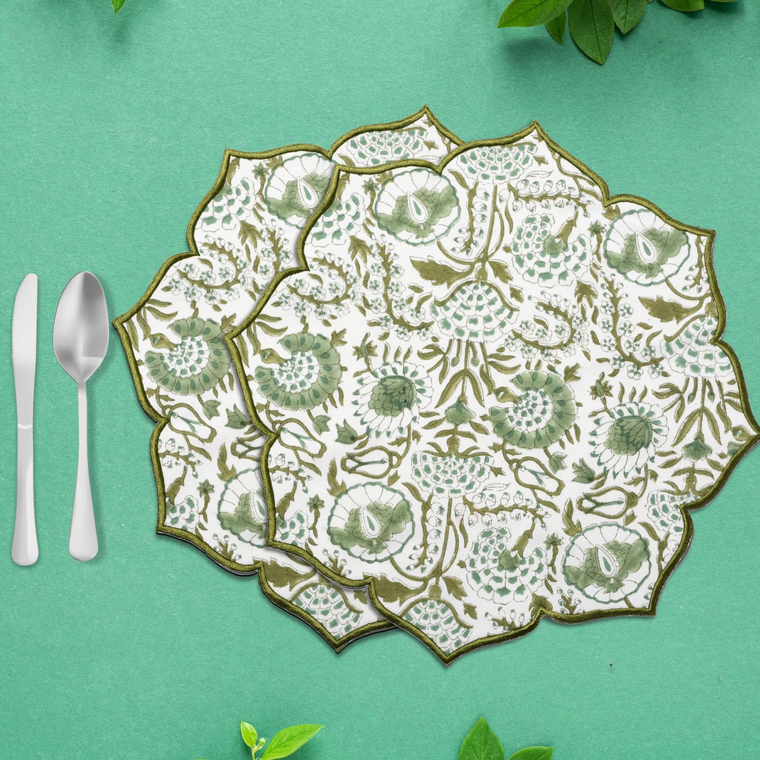 Placemats Set of 4-Handmade Block Printed Double Layered, Machine Washable, Flower Scalloped & Embroidered Cloth Table Mats - Thanksgiving Mat 15 x 15 inch, Agate Green