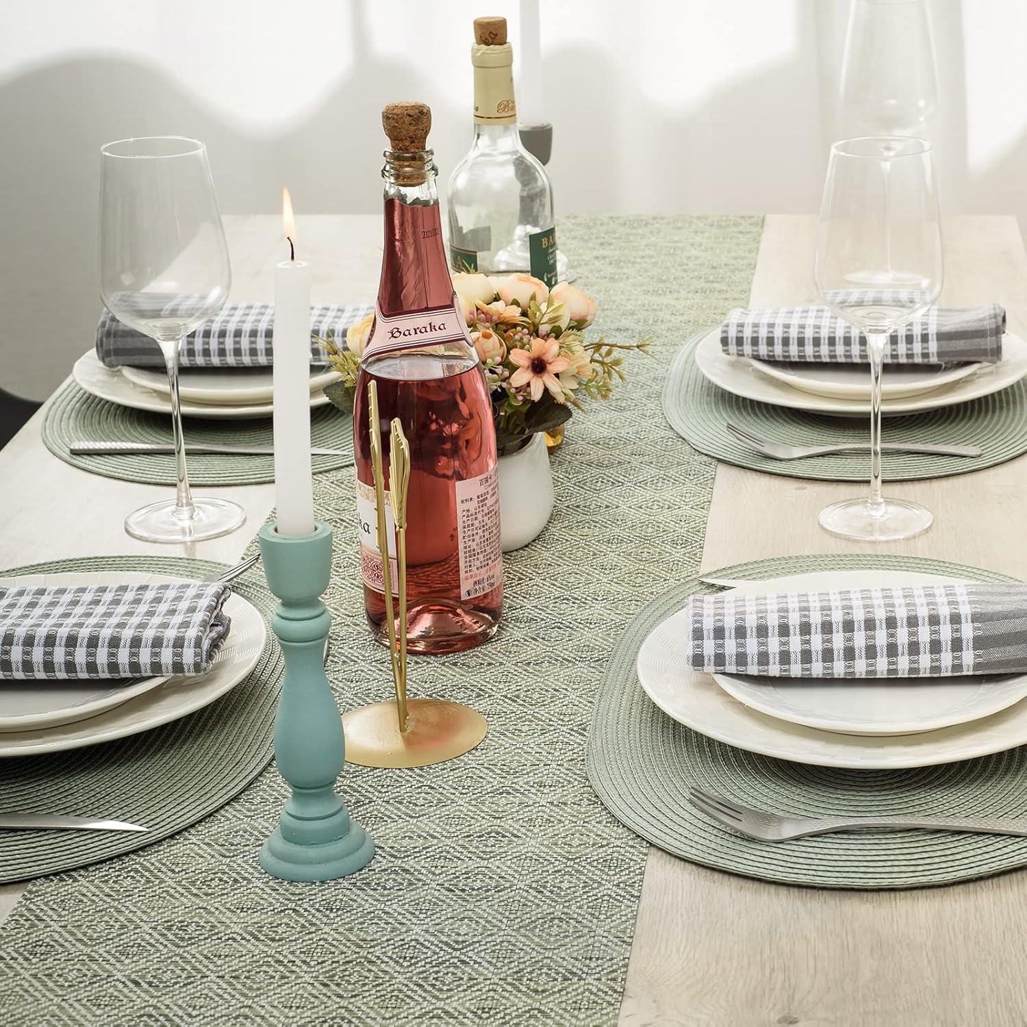 Placemats Set of 6 for Dining Table Washable Woven Vinyl Non-Slip 18x12 inches Placemat Heat-Resistant Durable Table Mats for Dining Table Easy to Clean (Oval Fog Green, 6)