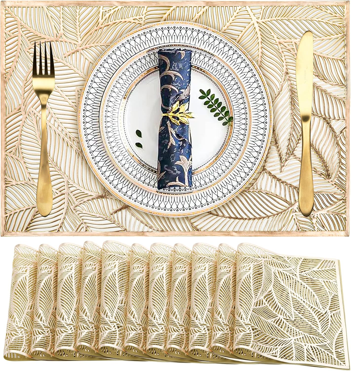 12 Pcs Rectangle Pressed Vinyl Placemats - 17.75 x 12 Inch Leaf Metallic Placemats and Centerpiece Placemat - Gold Heat-Resistant Table Mat for Dining Table Decoration in Kitchen, Living Room