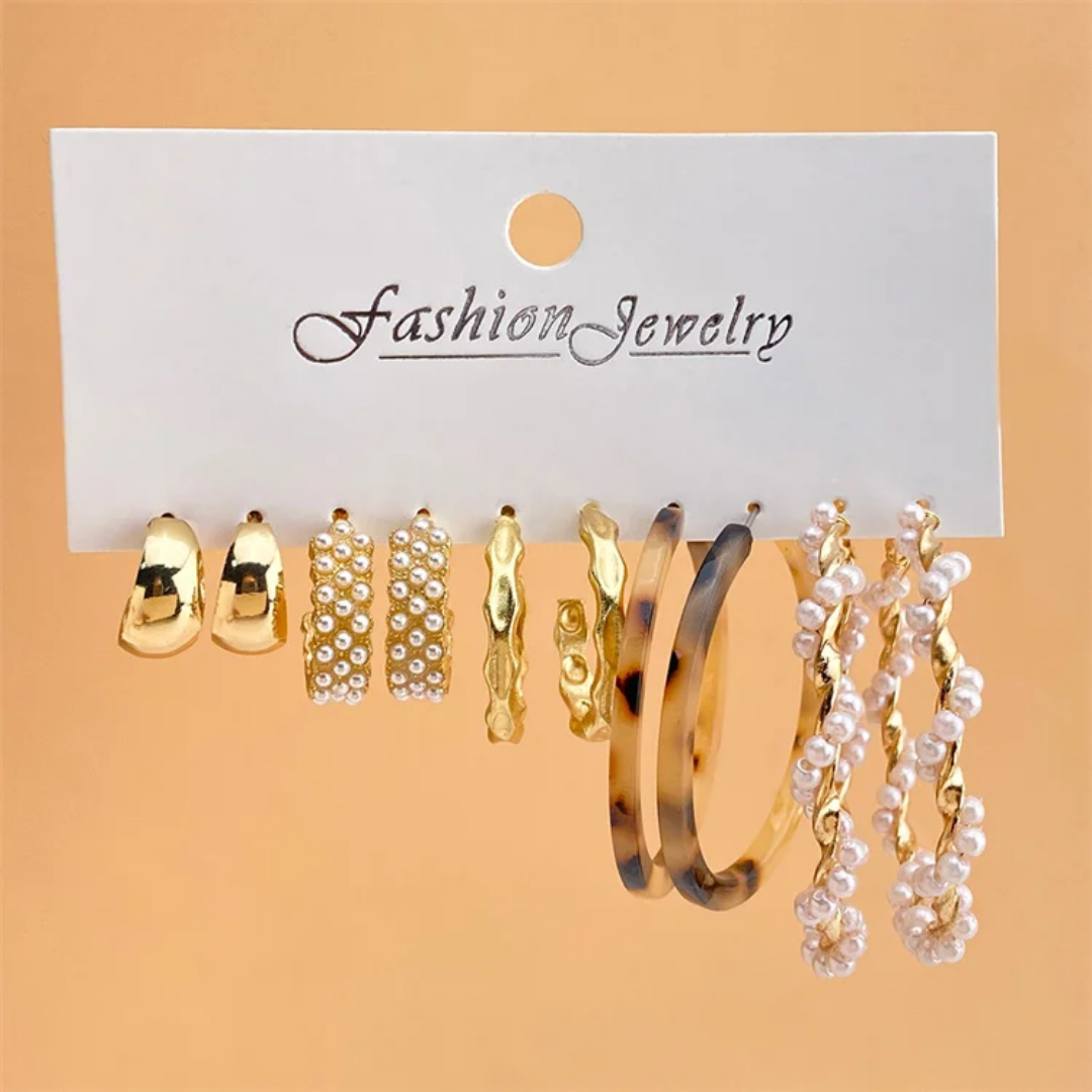 5 pairs of Gold and Pearl Hoop Earrings