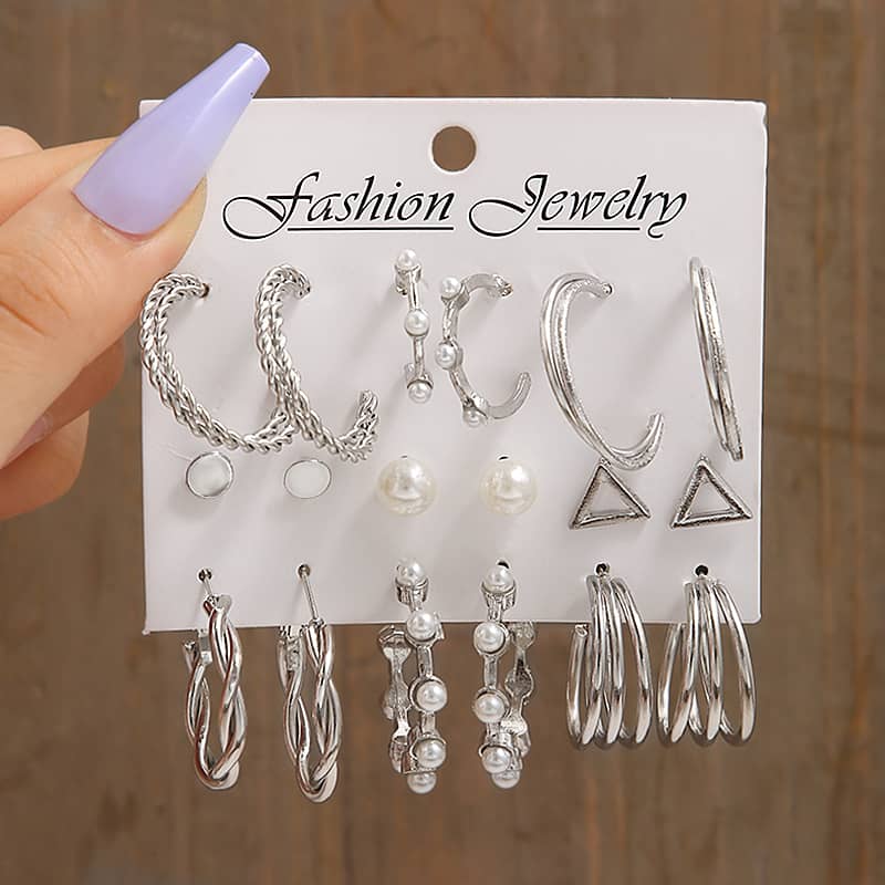 9 Pairs of Silver Earring Set