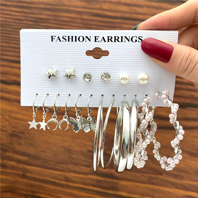 9 Pairs Fashion Silver Earrings Set